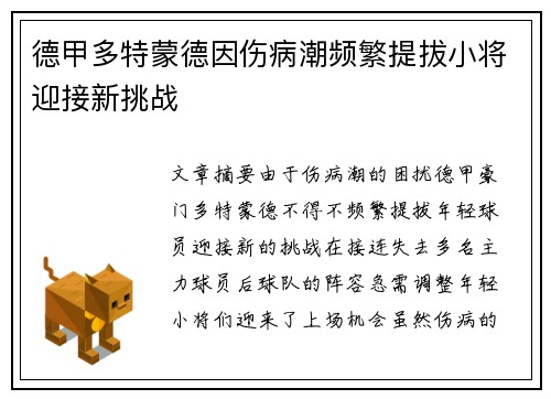 德甲多特蒙德因伤病潮频繁提拔小将迎接新挑战