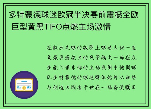 多特蒙德球迷欧冠半决赛前震撼全欧 巨型黄黑TIFO点燃主场激情 多特蒙德球迷欧冠半决赛前震撼全欧 巨型黄黑TIFO点燃主场激情