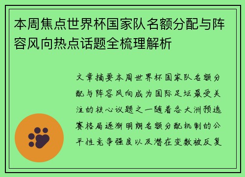 本周焦点世界杯国家队名额分配与阵容风向热点话题全梳理解析 本周焦点世界杯国家队名额分配与阵容风向热点话题全梳理解析